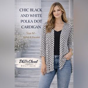 Always Indigo Black White Polka Dot Cardigan Size M Chic Lightweight Open Front